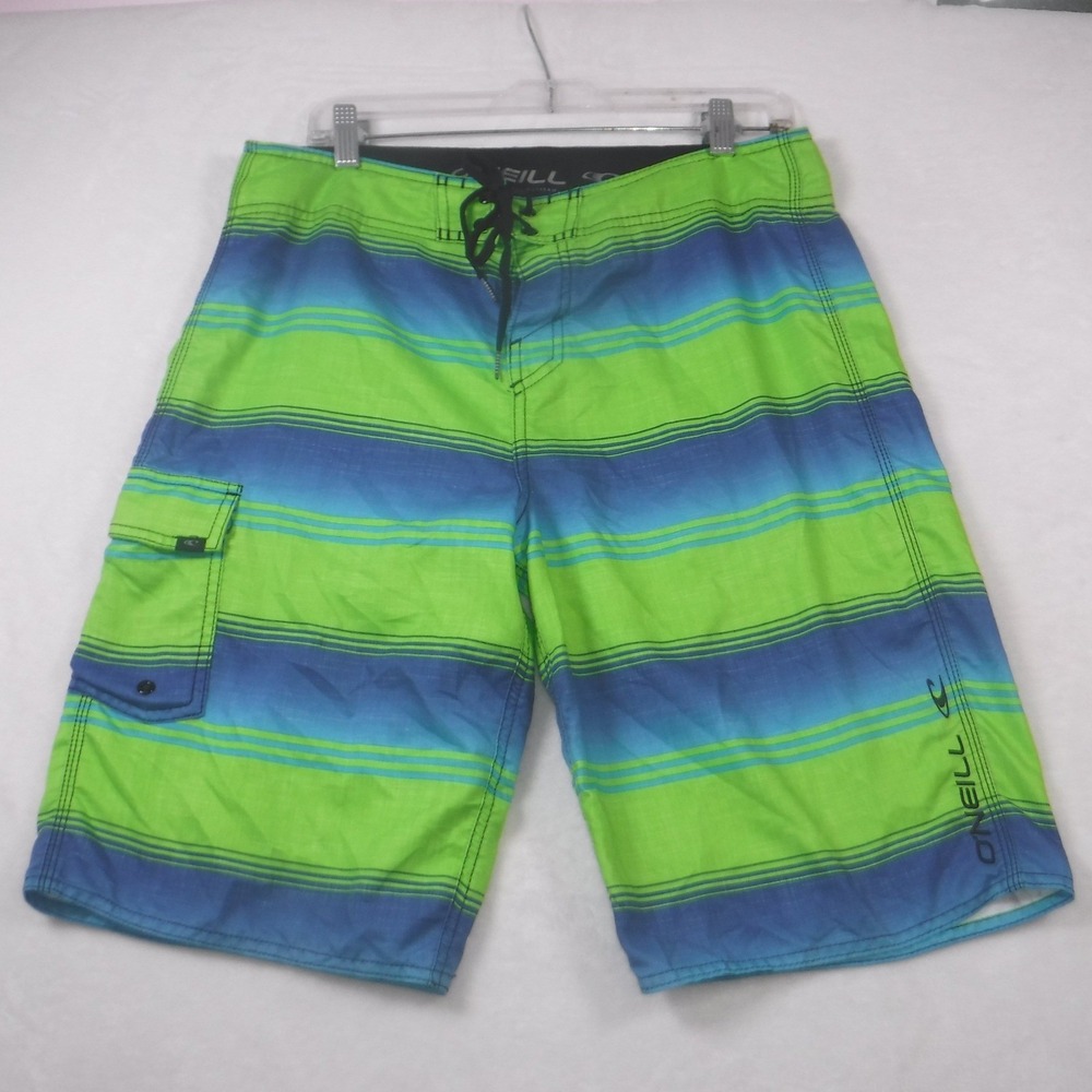 ONeill Mens Board Shorts Size 32 Lime Green Blue Striped Cargo Swim Trunks